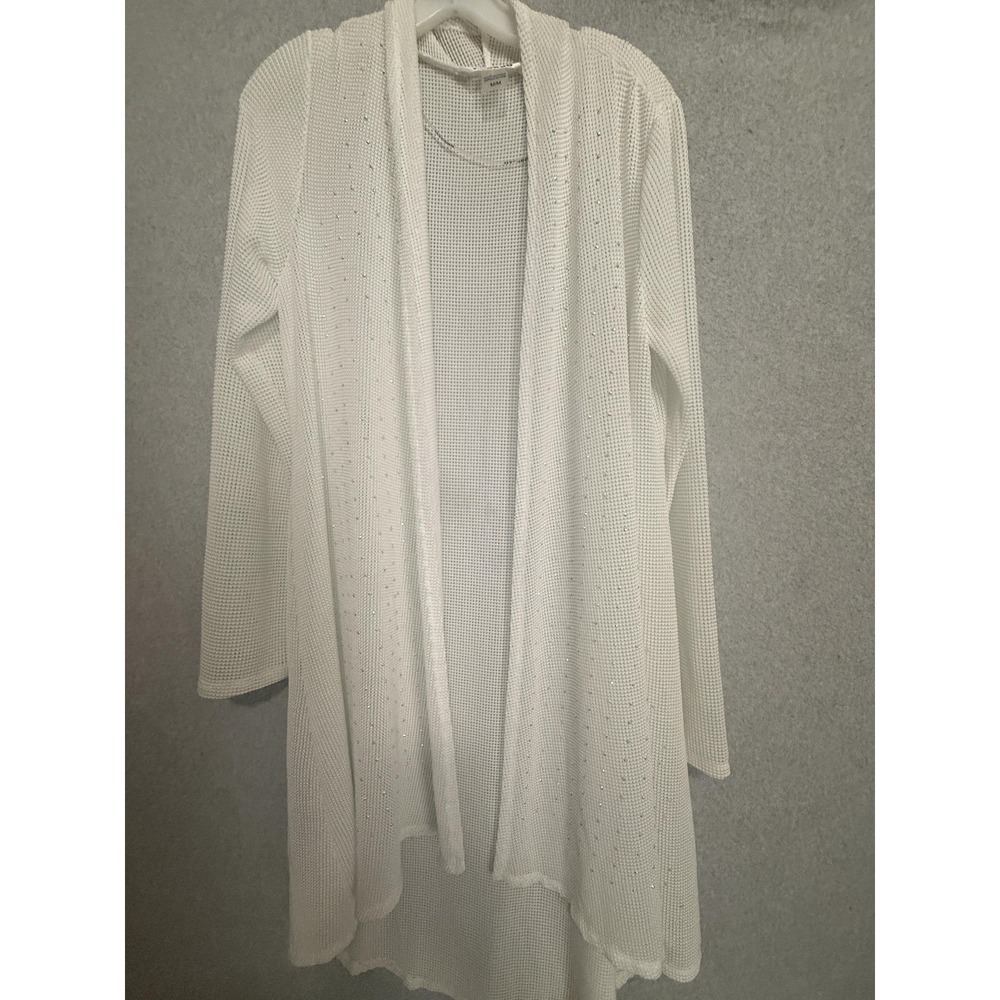 Nygard Cardigan Sweater Womens M White Rhinestone Open Knit Longline Lightweight
